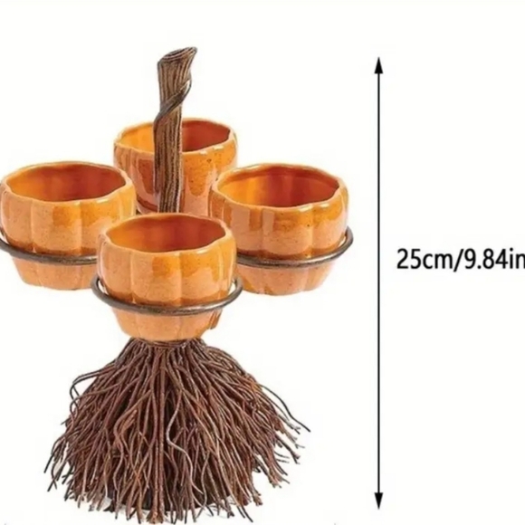 Tabletop Broom Treat Stand with 3 Pumpkin Shaped Cups - Picture 3 of 3